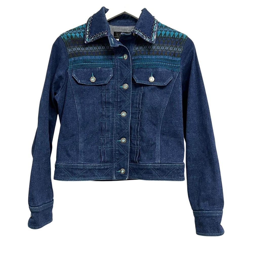City Girl Jacket Womens XS Blue Denim‎ Embroidered Sequin Yoke Western Boho